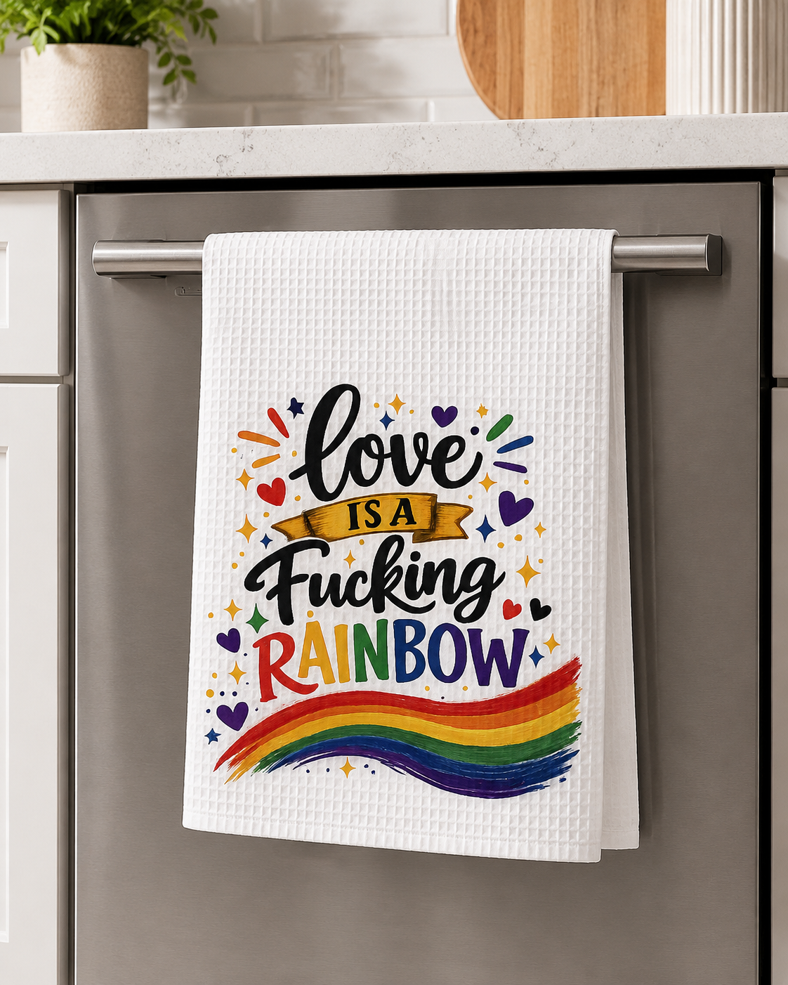 Love Is a Fucking Rainbow Waffle Weave Kitchen Towel