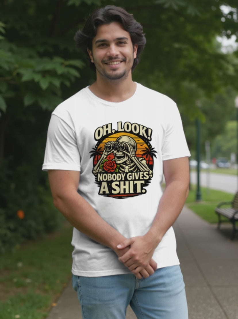 Oh Look Nobody Gives a Sh*t Skeleton Graphic Tee – Dark Humor Vintage Sunset Shirt